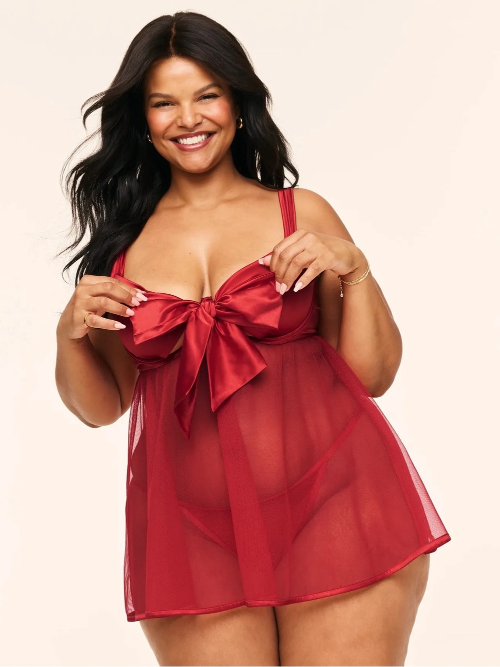 Holiday Nightie: Red Satin Bow Babydoll/Gstring  lingerie Adore Me brand 2x NWT